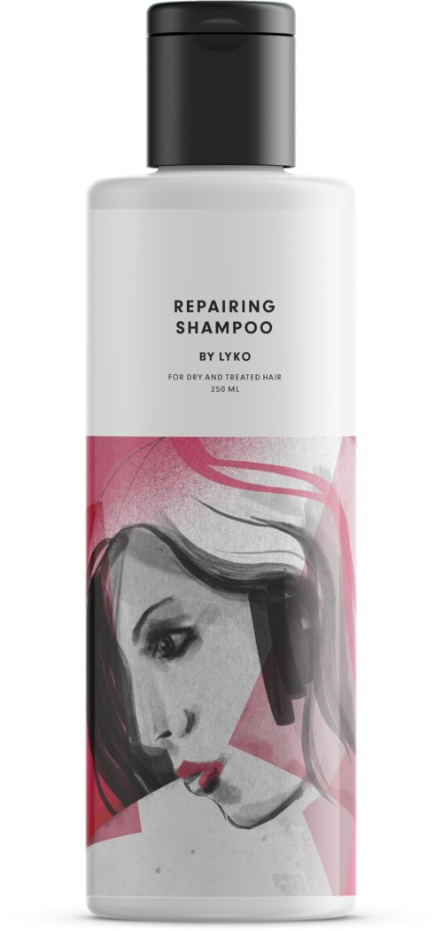 Eine weiße Flasche mit schwarzem Deckel, gekennzeichnet als reparierendes Shampoo für trockenes und behandeltes Haar, mit einer stilisierten Frauenstimme.