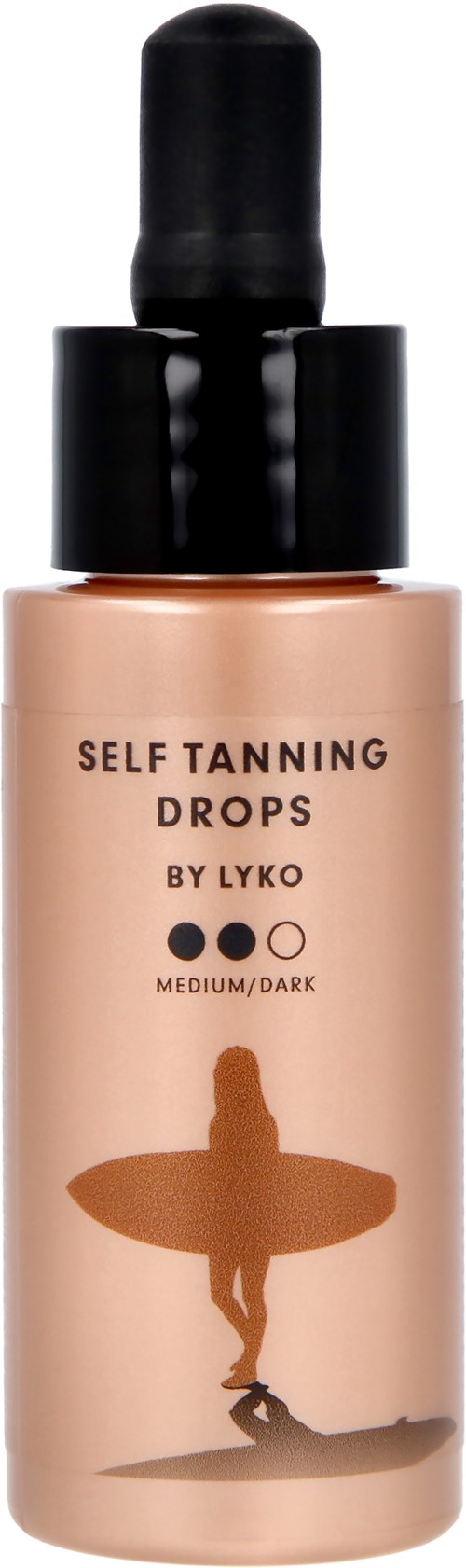 Bottle of self-tanning drops labeled 'by Lyko' for medium/dark skin. Has a black cap and spray nozzle. Features a ballerina silhouette.