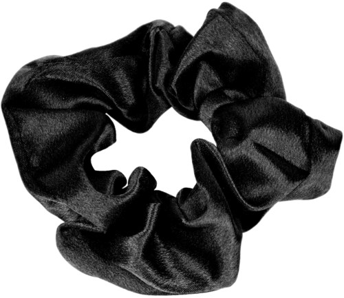 A black satin scrunchie in a circular shape with pleats and smooth texture.