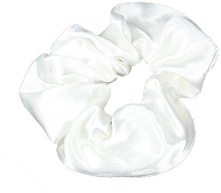 A white satin hair scrunchie with a shiny, soft appearance. It is round and stretchy.