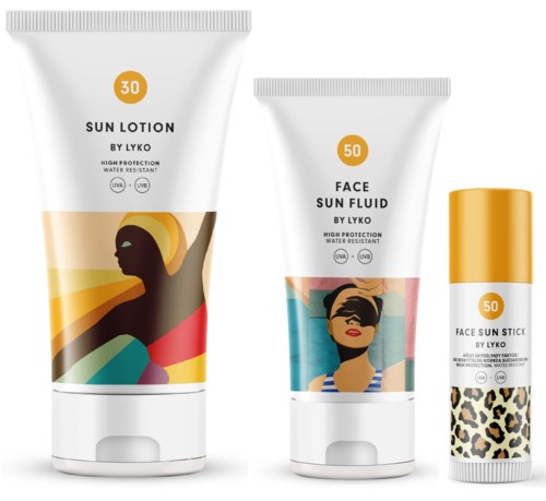 Kolme auringon suojatuotetta: voide, kasvovoide ja liuska, joissa leopardikuosi. Jokaisessa SPF 30 tai 50.