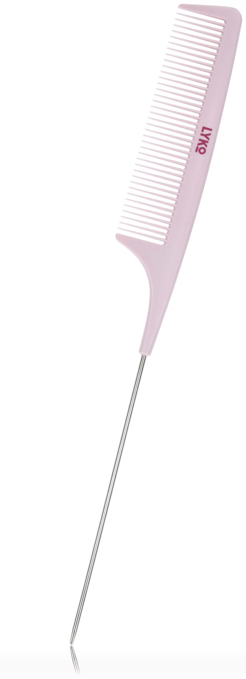 Ein rosa-weißer Haarwächter mit langem Metallgriff.