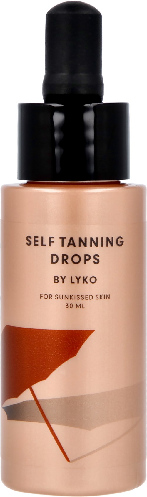 En beige flaska med en svart spraykapsel, märkt 'Self Tanning Drops by Lyko' för solkysst hud, 50 ml.