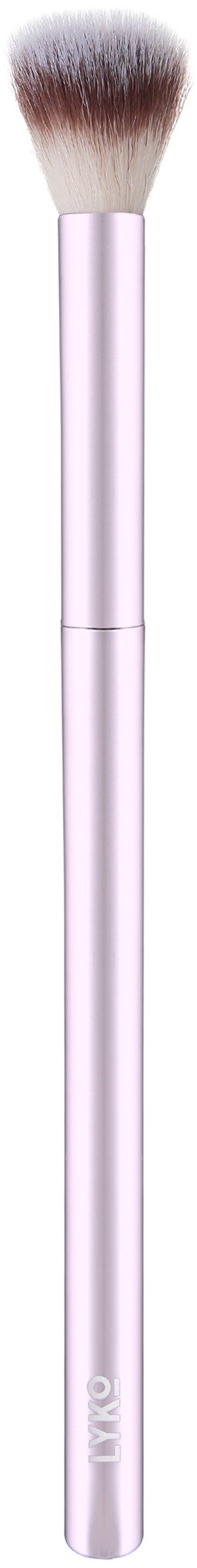 A makeup brush with a pink handle and fluffy bristles against a black background.