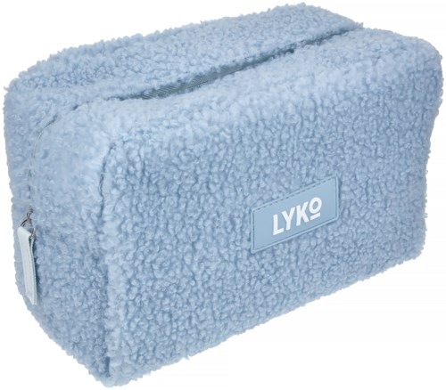 A soft, fluffy blue bag with a zipper and a label that says 'LYKO'.