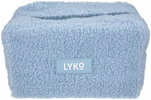 A soft, light blue, fluffy fabric box with a zipper and the word LYKO on the front label.