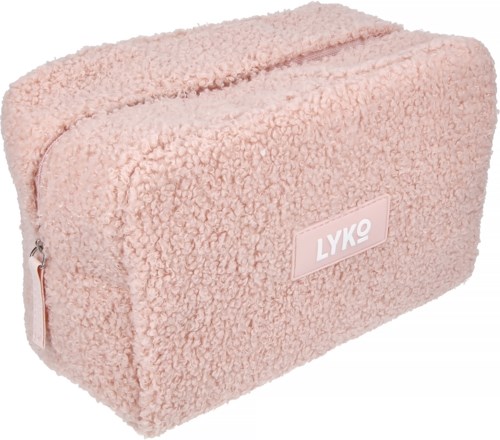 Ein weiches, pinkes, flauschiges Etui mit Reißverschluss und 'LYK9'-Logo.