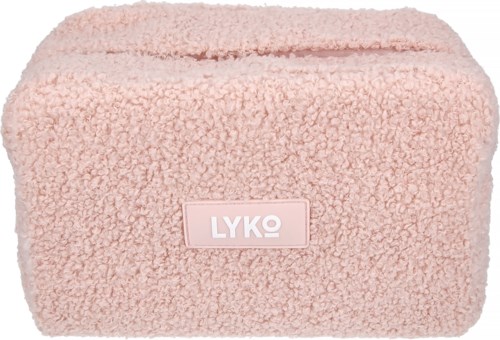 Eine weiche rosafarbene flauschige Tasche mit Reißverschluss und LYKO-Label.