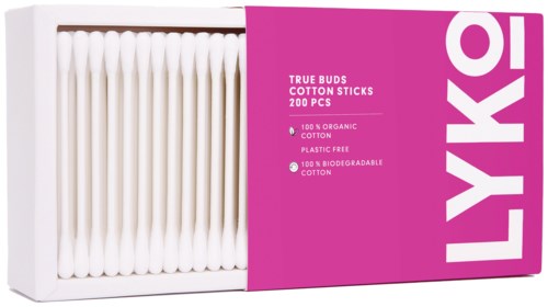 Box of 200 white cotton sticks, eco-friendly, plastic-free, labeled LYKO.