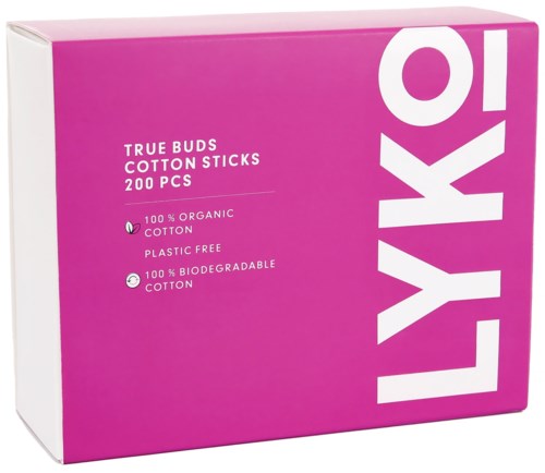 Pink box with large white letters saying 'Lykke'. It mentions 200 cotton sticks, organic, plastic free, biodegradable.