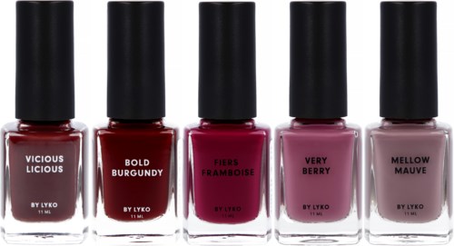 Fem neglelakkflasker i ulike nyanser, fra mørkerødt til lyst rosa.