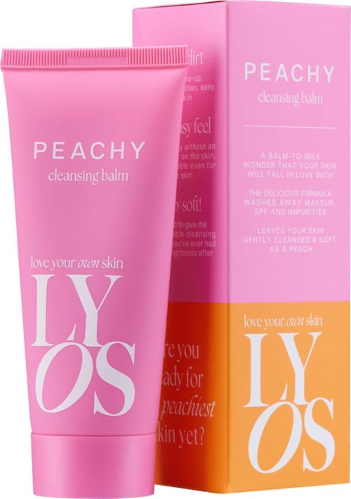 Pinkki puhdistusbalmi putki ja laatikko, joissa on valkoista ja oranssia tekstiä, mainostaen Peachy-nimistä ihonhoitotuotetta.