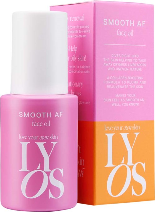 Roosa pullo, jossa on valkoinen korkki ja vaaleanpunainen rasia, nimeltä "Smooth AF face oil" ihonhoitoon.