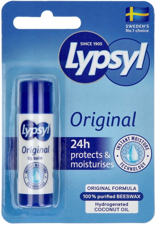 Lypsyl läppbalsam med blå och vit design, nämner 24 timmars skydd, bivax och kokosolja.