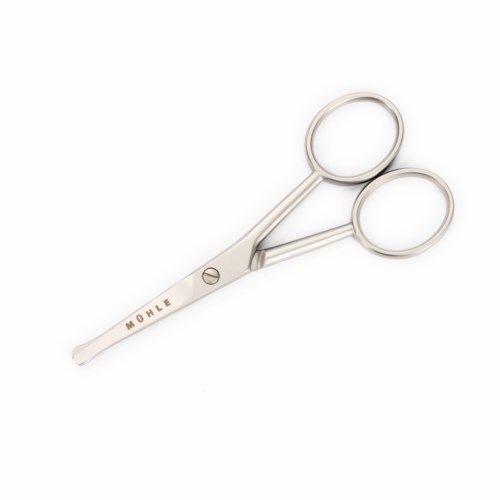 A pair of silver surgical scissors with round handles and a small screw in the middle.