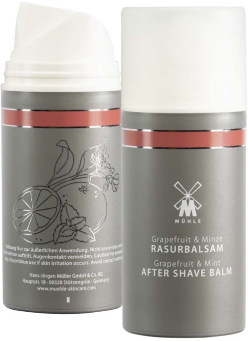 Two grey cans with white caps, one shows a grapefruit and mint illustration, and the other is labeled 'after shave balm' in English.