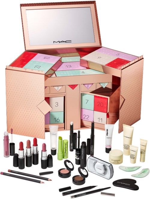 Ein Make-up-Set mit verschiedenen Lippenstiften, Pinseln, Lidschatten und Hautpflegeprodukten in einer dekorativen Box.