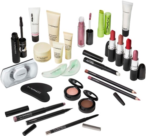 Sammlung verschiedener Make-up-Produkte wie Lippenstifte, Mascara, Eyeliner, Pinsel und Primer.
