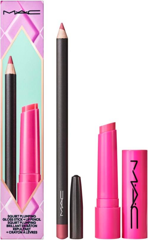 Lip liner pencil and lipstick with pink packaging and black pencil with pink tip.
