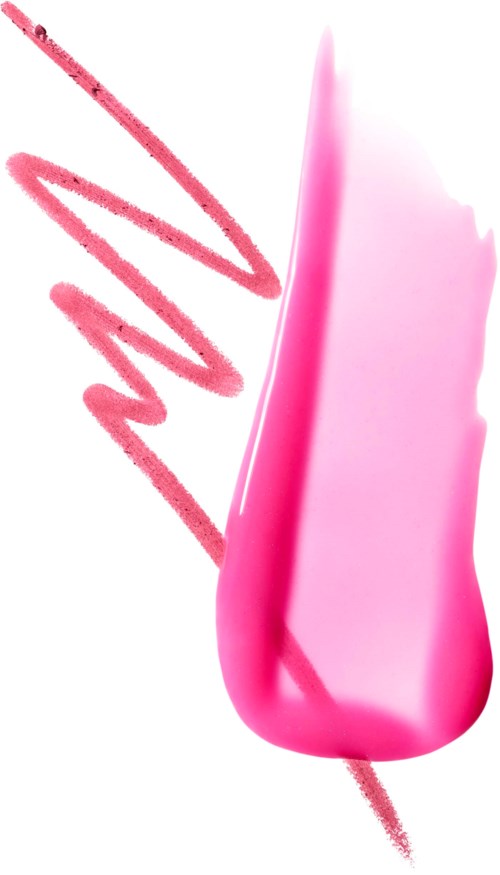 Pink lipstick outline with a lipstick shape and a swoosh mark in the background.