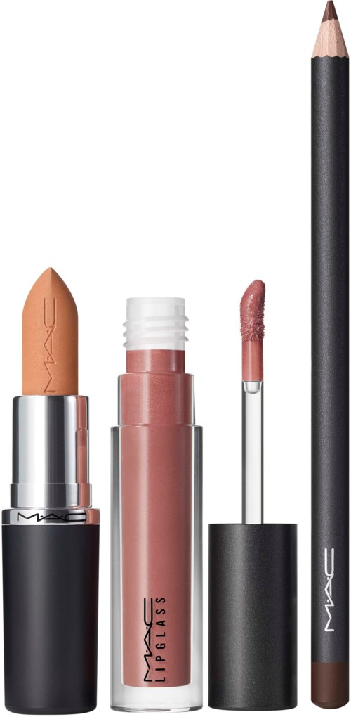A collection of makeup products including lipstick, lip gloss, a lip pencil, and a liquid lipstick.