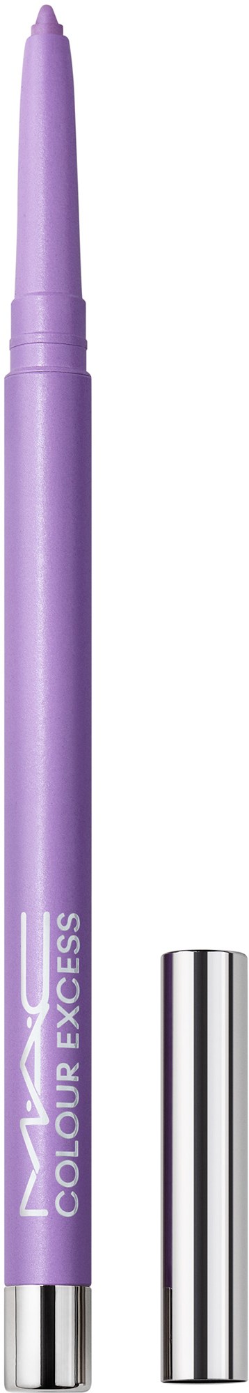 A purple lipstick with silver cap and the words "MAC Colour Excess" on the side.
