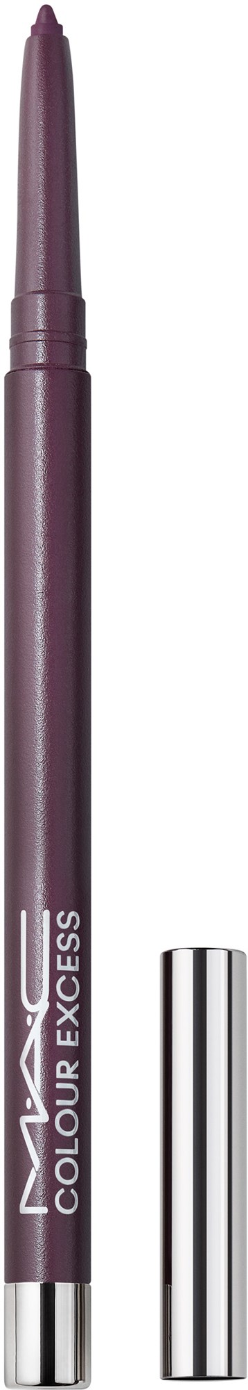 A purple eyeliner pencil with a silver cap, labeled 'MAC Colour Excess' on the side.