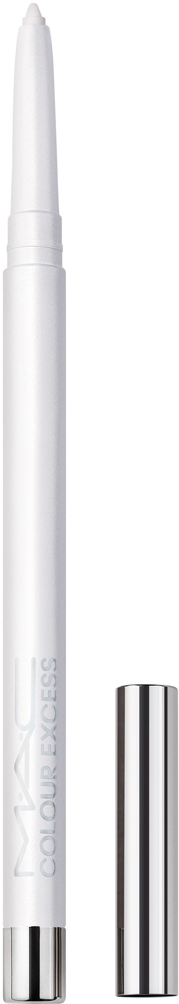 A white pen with a silver tip and cap, standing upright on a black background.