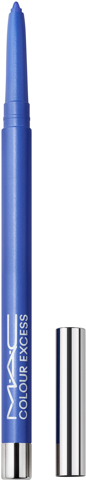A blue eyepencil with a black tip and silver cap, labeled 'MAC Colour Excess' in white letters.