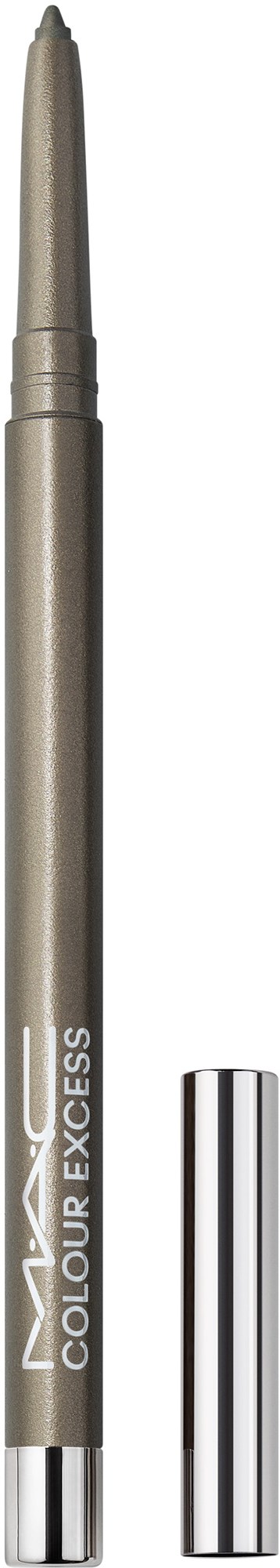 A silver-colored cosmetic pen labeled 'MAC Colour Excess' with a cap placed beside it.
