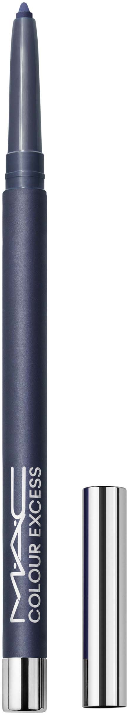A black eyeliner pen with a silver cap and white text, standing vertically on a black background.