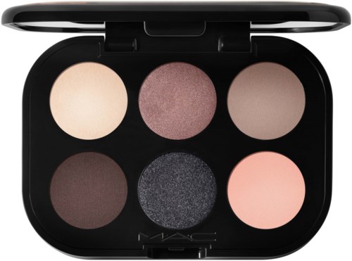 Six eyeshadow colors in a black palette with a mirror, including shades of beige, pink, gray, and black.