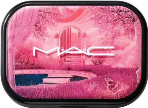 Skärmen visar en rosa landskap med träd, en fjäril, en bro och en stor neon MAC-logga.