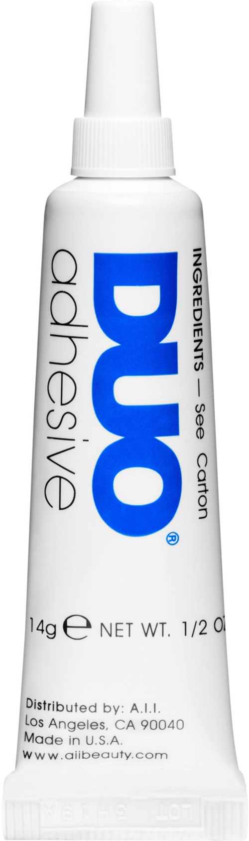Weiße Tube mit blauer und schwarzer Schrift, gekennzeichnet 'Duo'. Es ist für Augen, Wimpern und Augenbrauen.