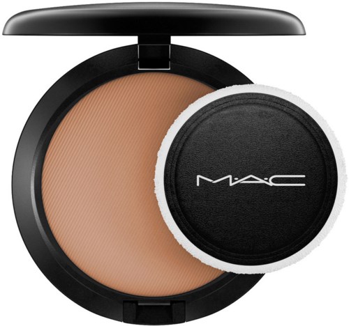 A compact makeup case with powder and a black applicator sponge featuring the MAC logo.