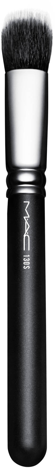 A makeup brush with a black handle, silver base, and fluffy top against a black background.