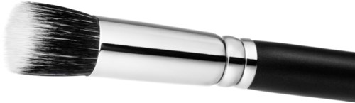 A makeup brush with a black handle and white bristles, shiny silver metal part.