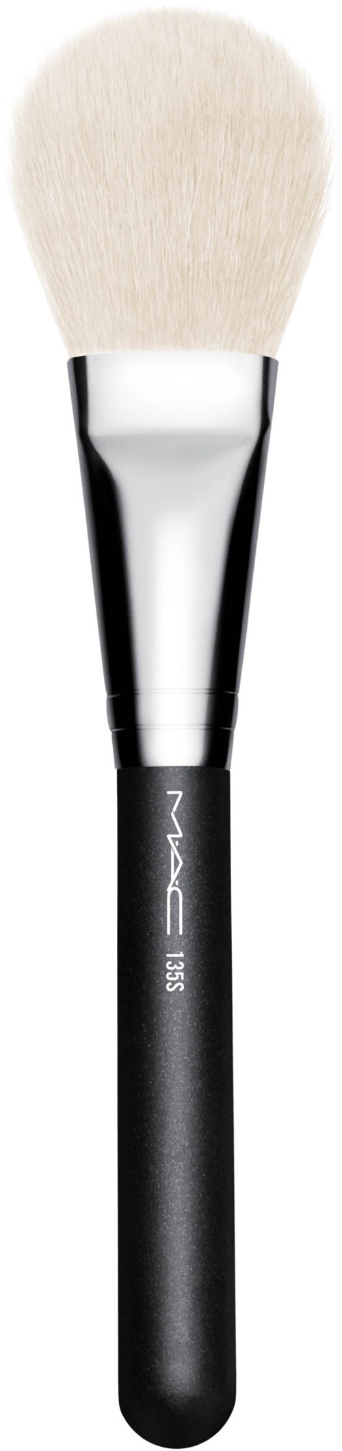 A makeup brush with a black handle and white soft bristles against a black background.