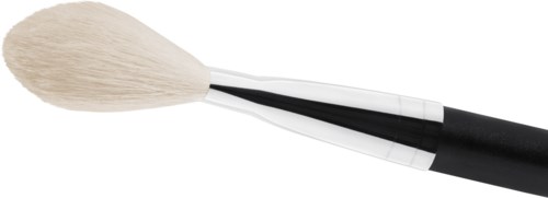 A makeup brush with a black handle and soft white bristles.