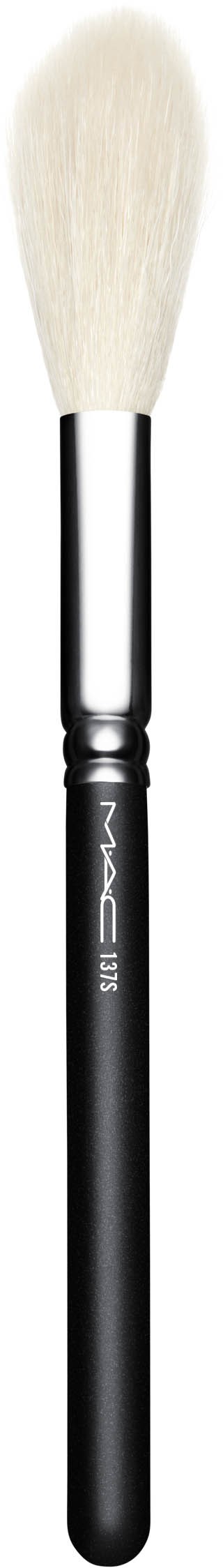 A makeup brush with white bristles and a black handle against a black background.