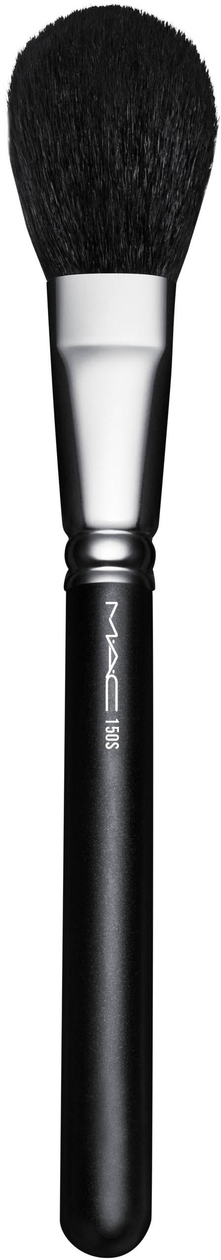 A black makeup brush with a white ferrule and fluffy bristles.