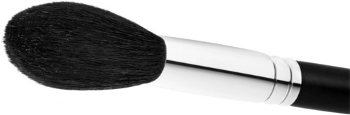 A black and white makeup brush with soft bristles and a shiny handle.