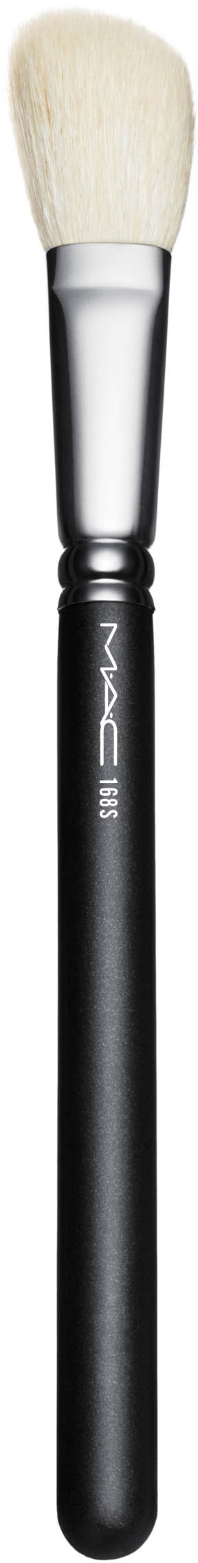 A makeup brush with white bristles, a silver metal connector, and a black handle labeled MAC.
