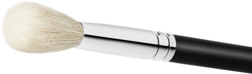 A makeup brush with white bristles, silver ring, and black handle on a black background.