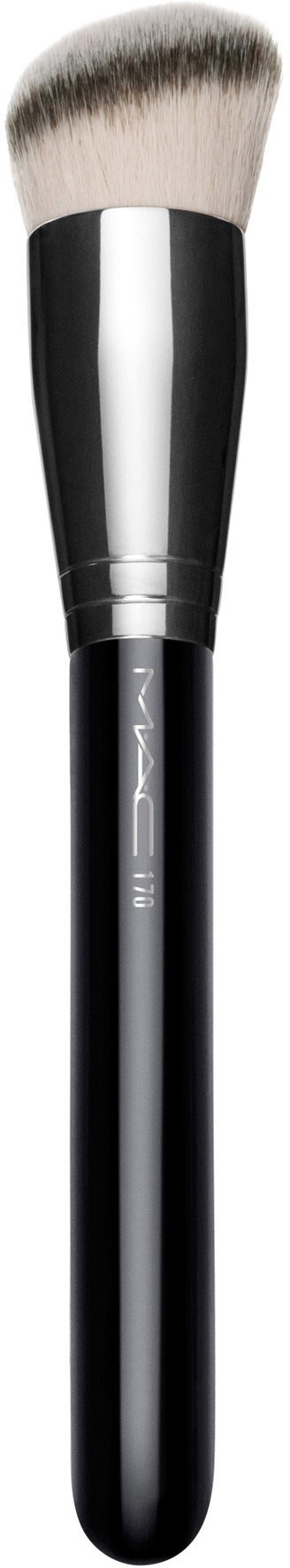 A large makeup brush with a black handle and white bristles, designed for applying powder or blush.