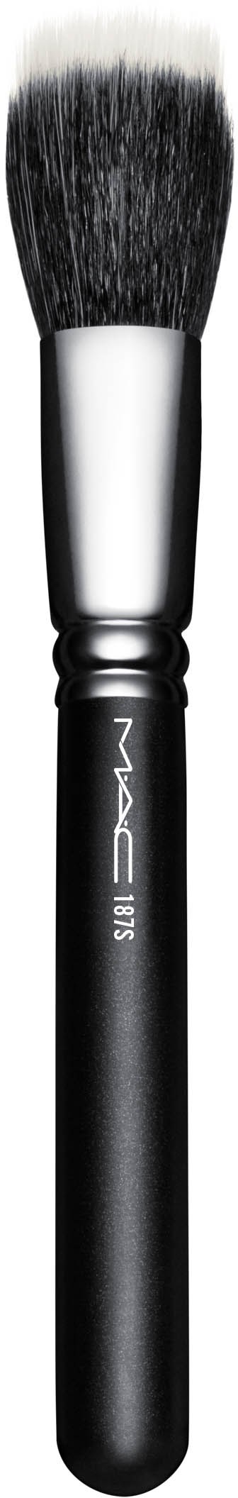 A black-handled makeup brush with soft bristles against a black and white background.