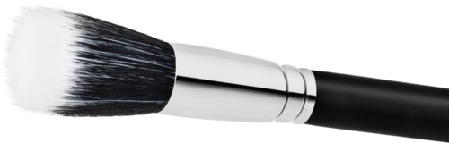 A makeup brush with black handle and white bristles, placed on a black and white background.