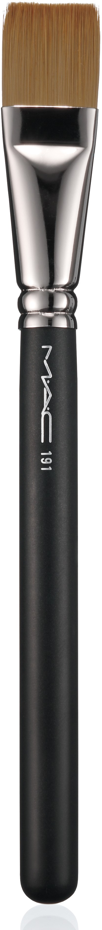 A makeup brush with a black handle, silver ferrule, and beige bristles. Designed for applying makeup.