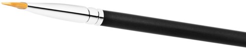 A thin black pen with a silver tip and a small yellow brush, showing mainly the pen body.