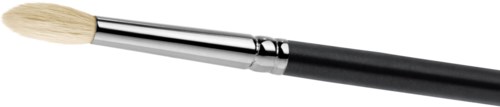 A paintbrush with a black handle, silver metal part, and white bristles. It is horizontal against a black background.